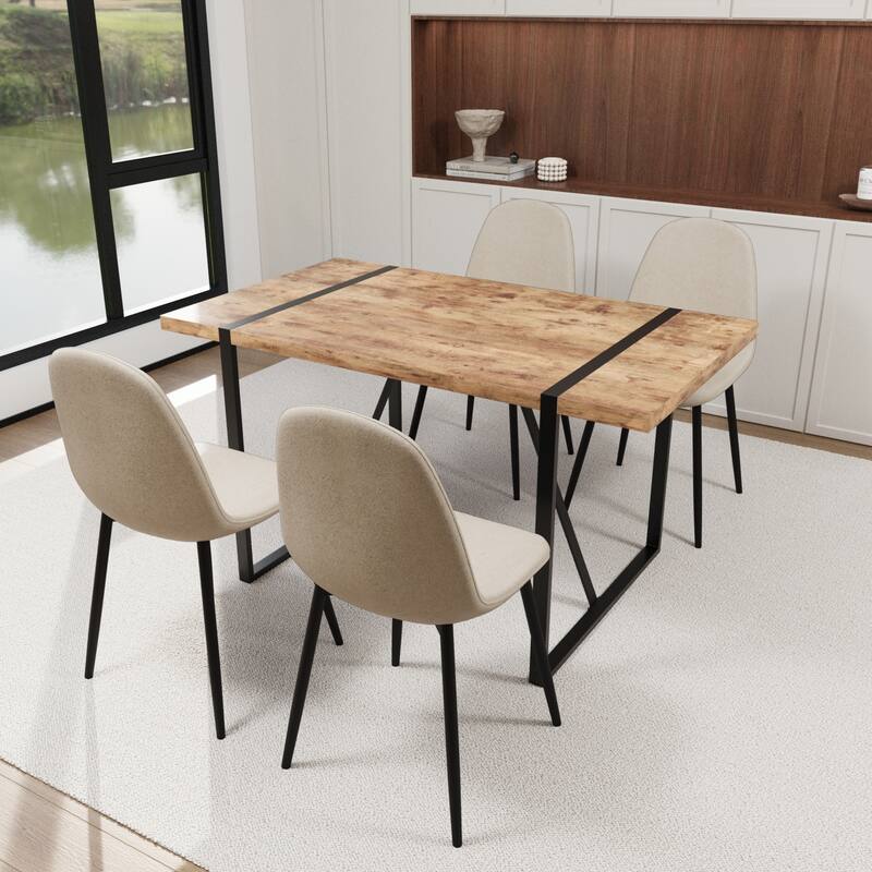 Modern Style 5-Piece Dining Set with Rectangular MDF Dark Wood Table and 4 Round Corner Suede Dining Chairs