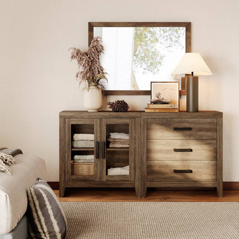 WAMPAT Farmhouse Buffet Cabinet, 2-Piece Sideboard with Glass Door & Storage Drawers for Kitchen