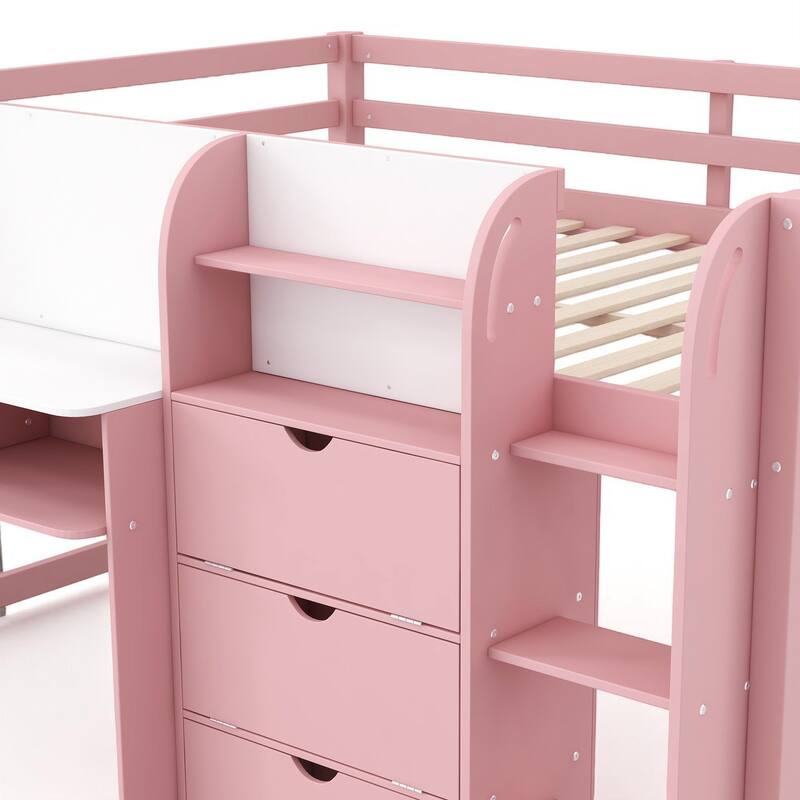 Full Loft Bed with Built-in Desk, Bookshelf, Storage Cabinets, Ladder and Whiteboard, Space-Saving Design