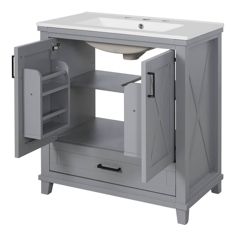 30 Inch Bathroom Vanity Single Sink Solid Wood MDF 2 Soft Close Doors 1 Divided Drawer