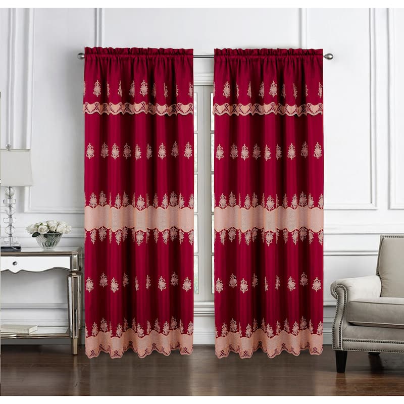 Donna Macrame Embrodiered Window Curtain 84" or 90" - 90 Inches - Burgundy/Gold