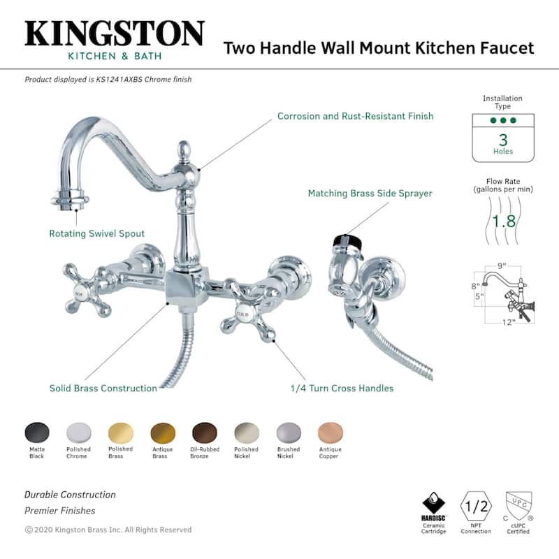 Heritage Two-Handle Wall Mount Bridge Kitchen Faucet with Brass Sprayer