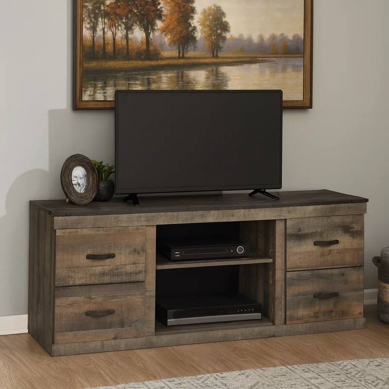60 Inch Wood TV Media Entertainment Console, 3 Shelves, Metal Rivet, Brown