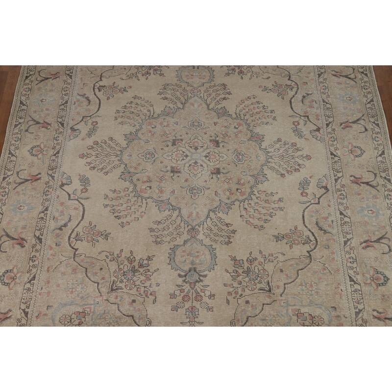 Floral Tabriz Persian Area Rug Hand-Knotted Beige Wool Carpet - 8'2"x 10'11"