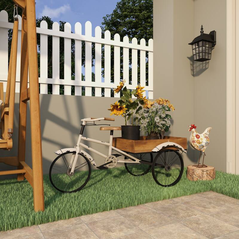White Metal Indoor Outdoor Vintage Bike Indoor Outdoor Plantstand with Brown Wood Accents