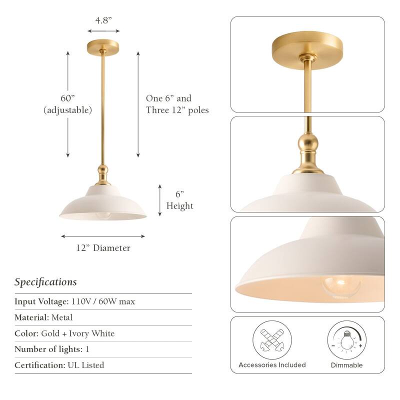 Tresor White Modern Pendant Light - Metal & Gold, White Dome Light Fixture For Modern, Scandinavian, Minimalist Room Decor - 12"