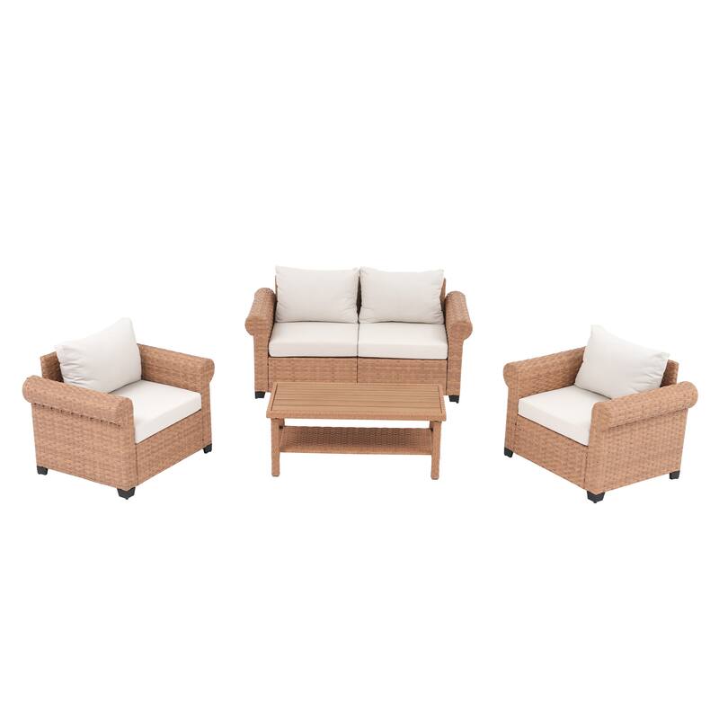 Outdoor PE Rattan Sofa and Coffee Table Set of 4