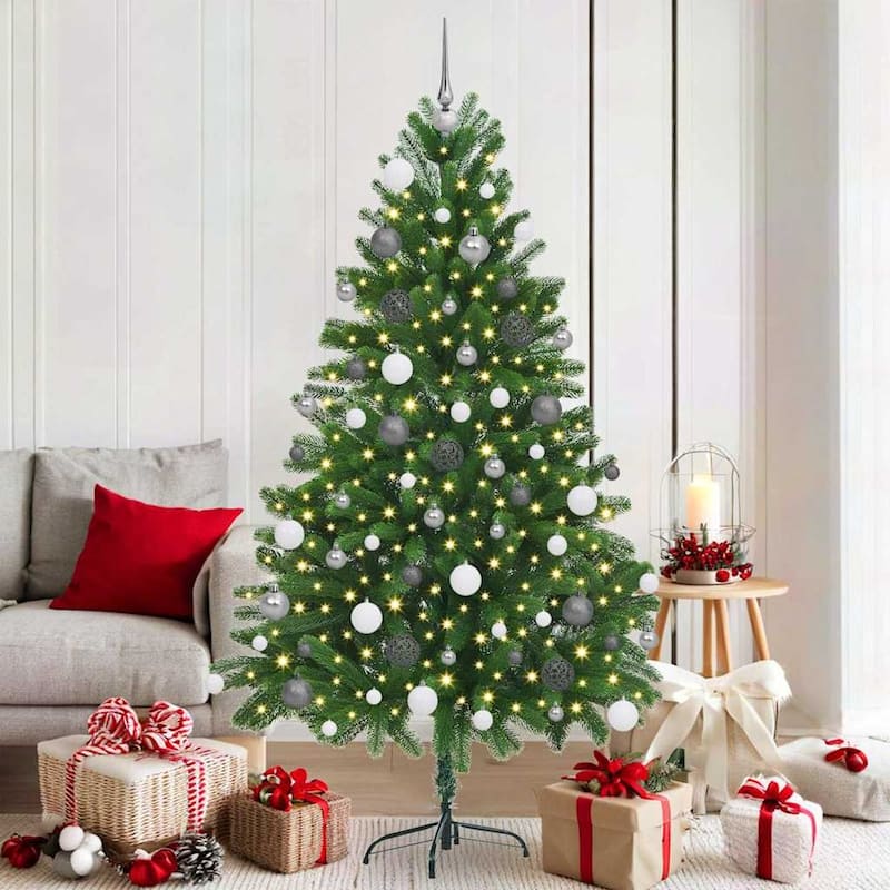vidaXL Artificial Christmas Tree Green 70.9" PVC - Green with leds & rose gold balls - 8 Foot