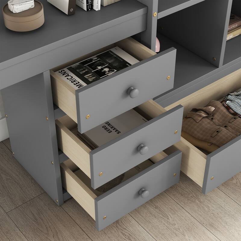 Grey Full Size Wood Loft Bed with Desk, Shelves, and Guardrails