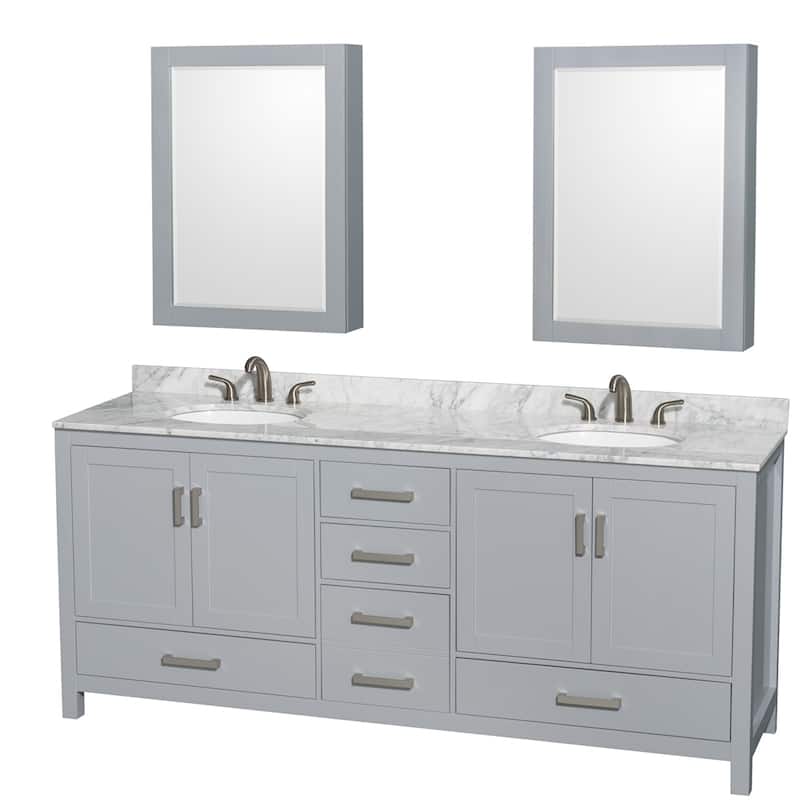 Wyndham Collection Sheffield Double Vanity Set, Medicine Cabinets - 80-Inch Double - Gray, White Carrara Marble Top, Chrome Trim