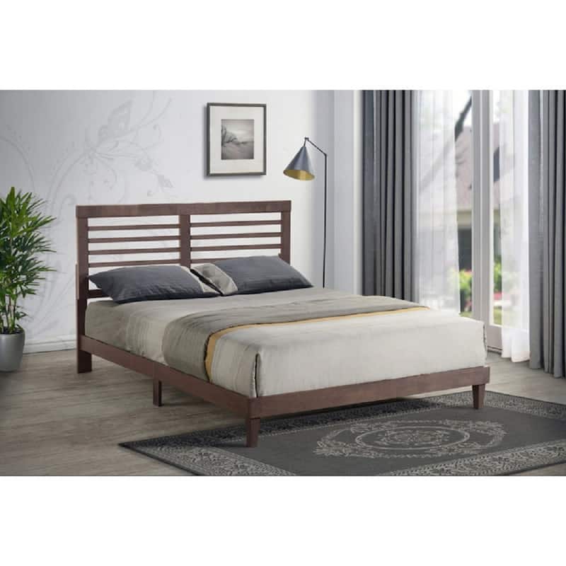 Mid-Century Modern Woden Platform Bed with Headboard, Brown - Queen
