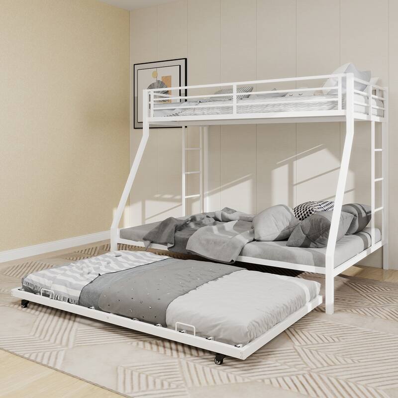 High - Stability Square Tube Bunk Bed, Featuring Ladder & Rolling Trundle, Modern Minimalist Look, Full
