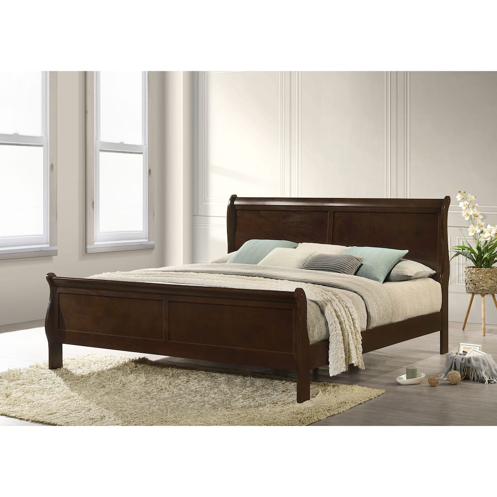 Cappuccino Wood Eastern King Sleigh Bed with Curved Headboard and Footboard