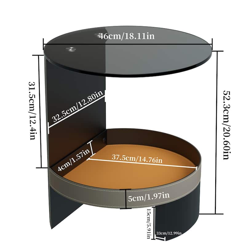 2-Tier Round Side Table Tempered Glass Top Handicraft Saddle Leather Basket