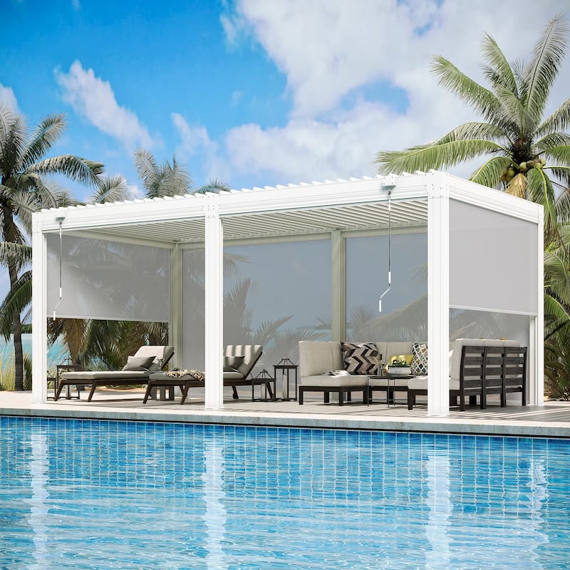 EROMMY Outdoor Louvered Pergola Gazebo with Adjustable Aluminum Rainproof Roof and Pull-Down Screen