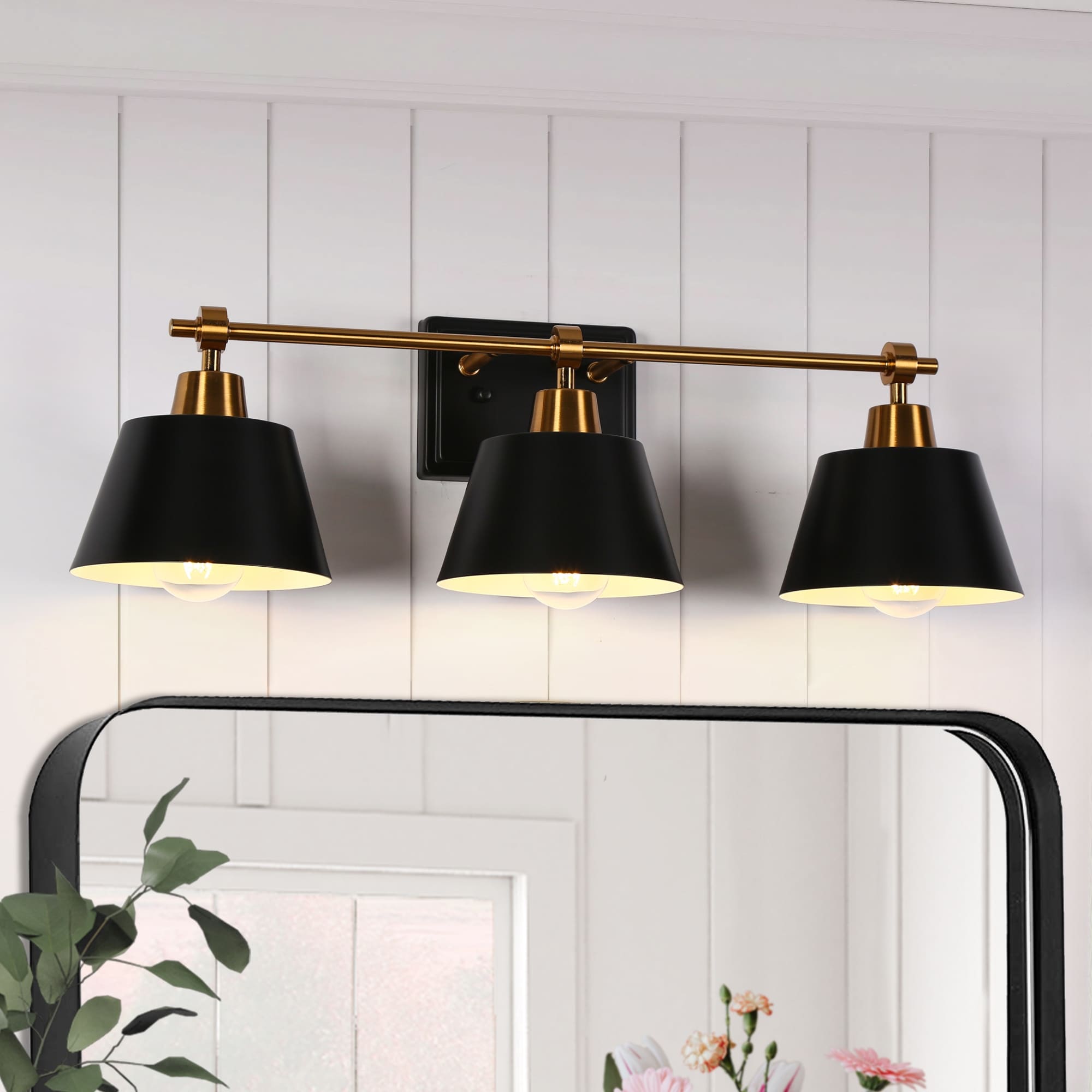 LALUZ Modern Farmhouse Black Gold 3-Light Bathroom Vanity Light Dimmable Wall Sconce