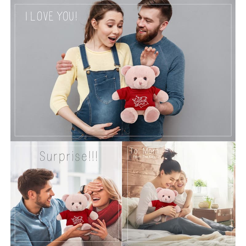 DolliBu I LOVE YOU Super Soft Baby Pink Bear Plush with Red Shirt - 8 inches