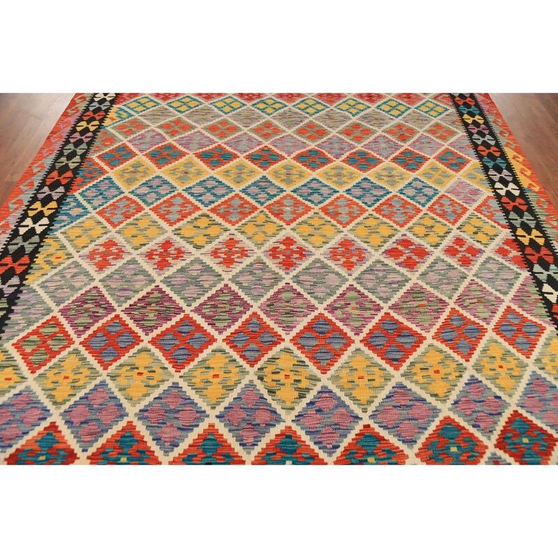All-Over Trellis Geometric Kilim Area Rug Hand-Woven Wool Carpet - 8'4" x 9'8"