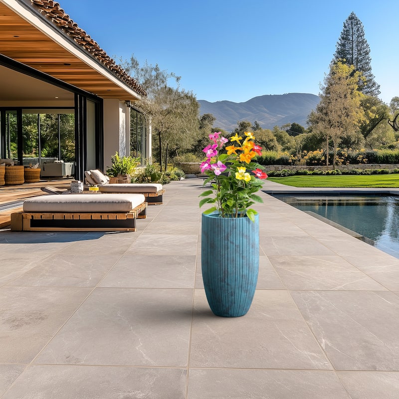 Textured Granite Gray Tall Concrete Round Plant Pots / Large Indoor and Outdoor flower Planters (13.5 Inch x 24.5 Inch)