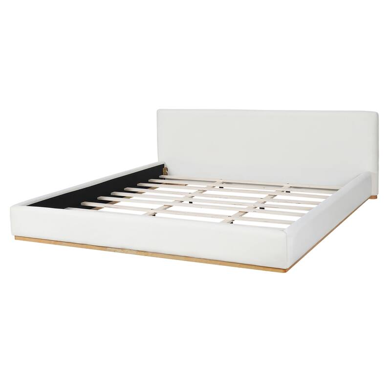 Roomfitters Elegant Upholstered Bed Frame, Solid Wood Slat Support, White - King
