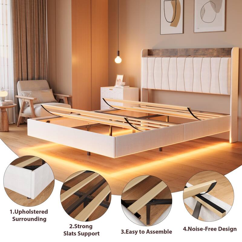 Full/Queen/King Floating Bed Frame with LED Lights & Charging Station, Upholstered Platform Bed with Storage Headboard