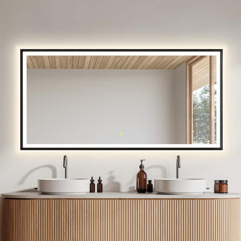 Apollo Rectangular Anti-Fog Dimmable Modern Bathroom/Vanity LED Lighted Wall Mirror in Matte Black Aluminum Framed