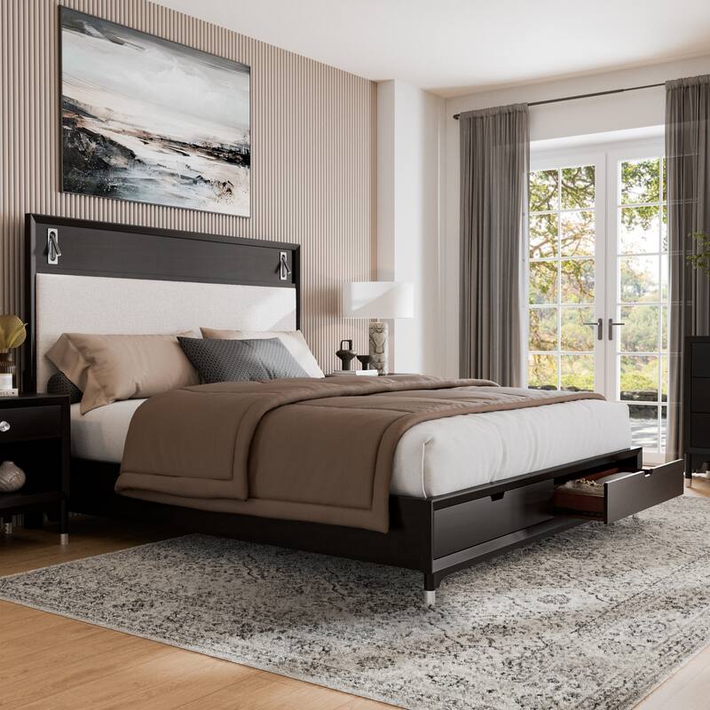 Furniture of America Forma Mid-Century Modern Black Boucle Storage Platform Bed with LED Reading Light