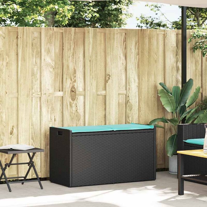 vidaXL Patio Storage Bench with Cushion Black/Brown 39.4" Poly Rattan - 37.4" x 15.6" x 1.2"