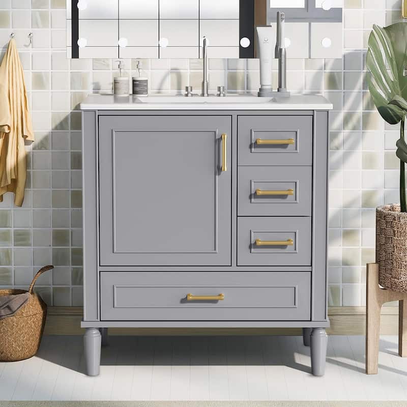 30" Bathroom Vanity with Ceramic Sink,Ample Storage Cabinet for Bathroom - Gray