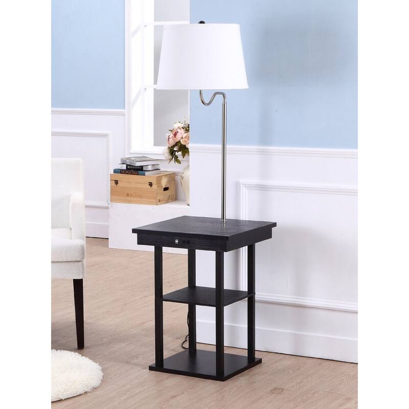 Brightech Madison 56 in. Classic Black/White Shade Modern LED Bedside Table Lamp with Fabric Drum Shade and Built-In USB Port