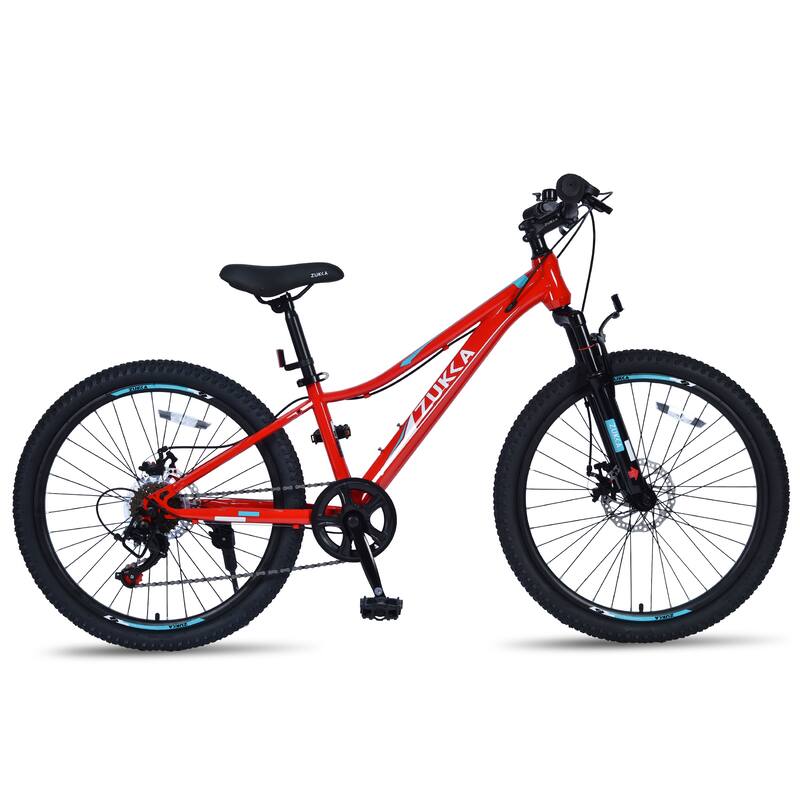 Comfort Mountain Cycling Bike, 24 Inch Shimano 6-Speed Bicycle with Suspension Fork, Steel Frame for Teens, 16 Years and Up - Red