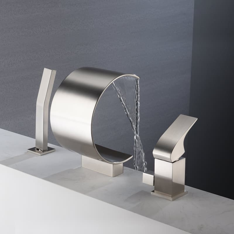 Brushed Nickel Bathtub Faucet Waterfall Mixer Faucet with Hand Shower Deck Mount - 8' x 10'