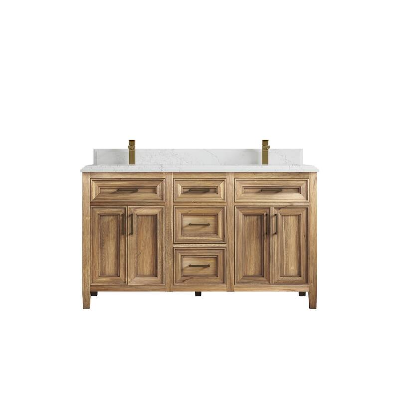 Willow Collections 60 in. W x 22 in. D Santa Monica Teak Double Sink Bathroom Vanity with Countertop - 1.5" Empira White - Whitewashed Teak