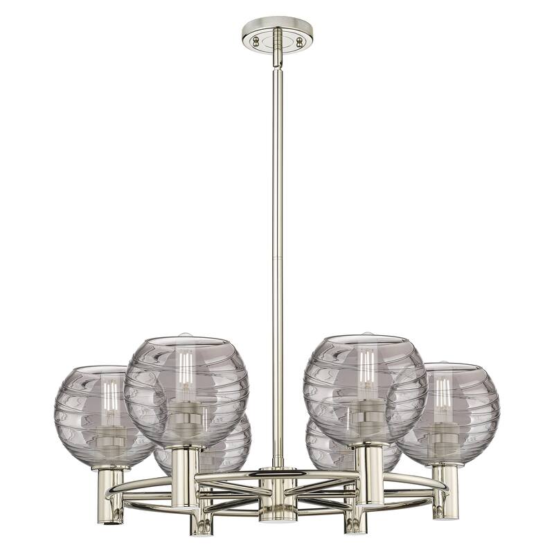 Innovations Lighting Downtown Urban - Crown Point - 6 Light 26" Athens Deco Swirl Stem Hung Chandelier - Polished Nickel/Light Smoke Deco Swirl