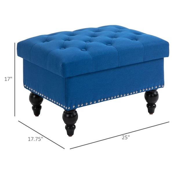 dimension image slide 1 of 7, HOMCOM Storage Ottoman with Removable Lid, Button-Tufted Fabric Bench for Footrest and Seat with Wood Legs