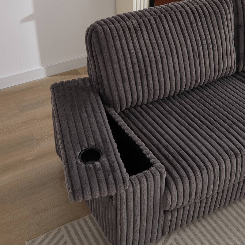 110" Corduroy L-Shaped Sectional Sofa with Storage, USB Charging and Cup Holders