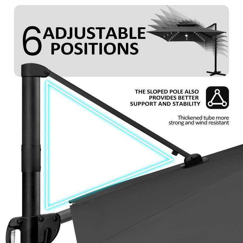 Pellebant Outdoor 10x13FT Patio Cantilever Umbrella Dual Top Lar Lighted with Weight Base