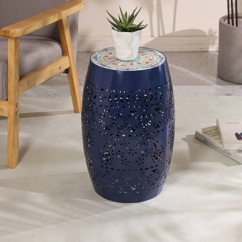 18.25" Modern Round Side Table with Boho Pattern Ceramic Tile Top and Unique Color Iron Frame