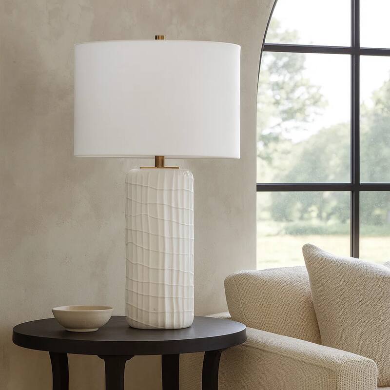 Mena 28 Inch Table Lamp, Round Drum Shade, Grid Pattern White Base