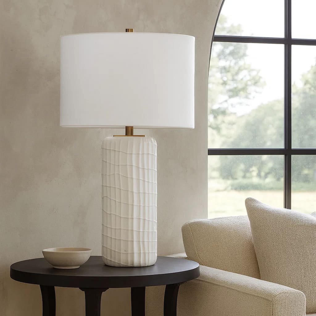 Mena 28 Inch Table Lamp, Round Drum Shade, Grid Pattern White Base