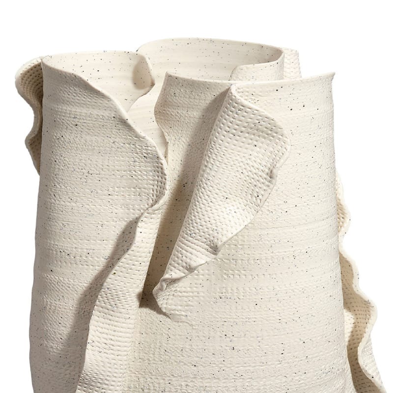 Tio Modern Vase Vessel, Flowing Petal Folds, White Porcelain 19 Inch