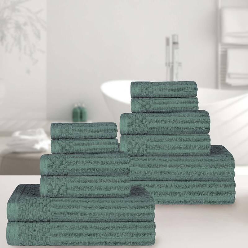 Superior Cotton 12-Piece Solid and Checkered Border Towel Set - Basil