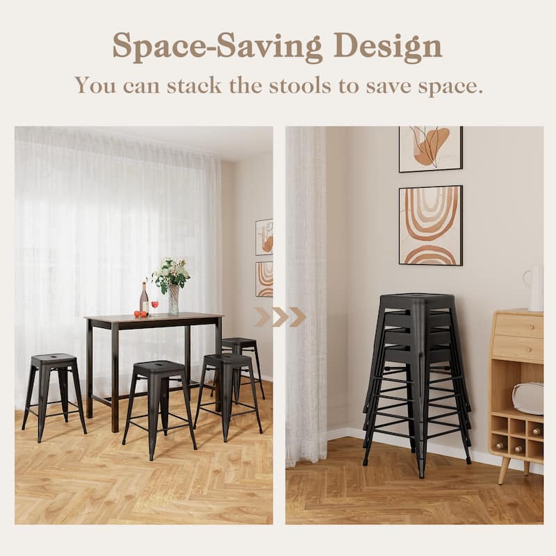4-Piece 24" Space Saving Stackable Metal Bar Stools with Footrest for Kitchen or Patio - 16" x 16" x 24"