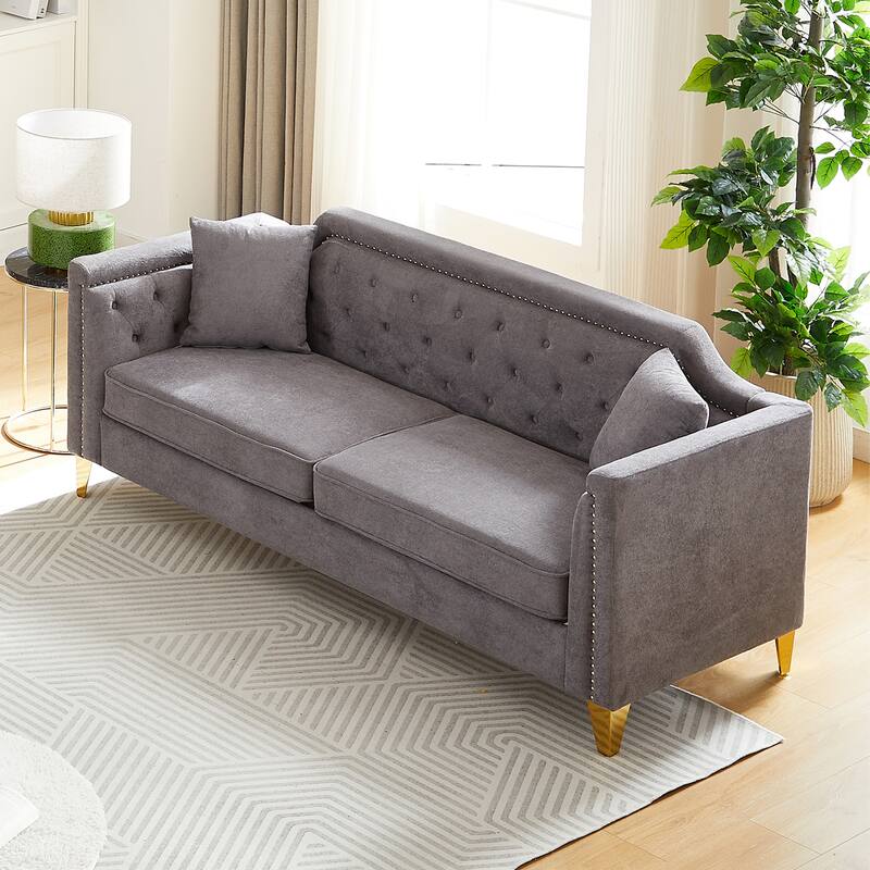 81" 3-Seat Buttons Tufted Nailheads Couch with Pillows
