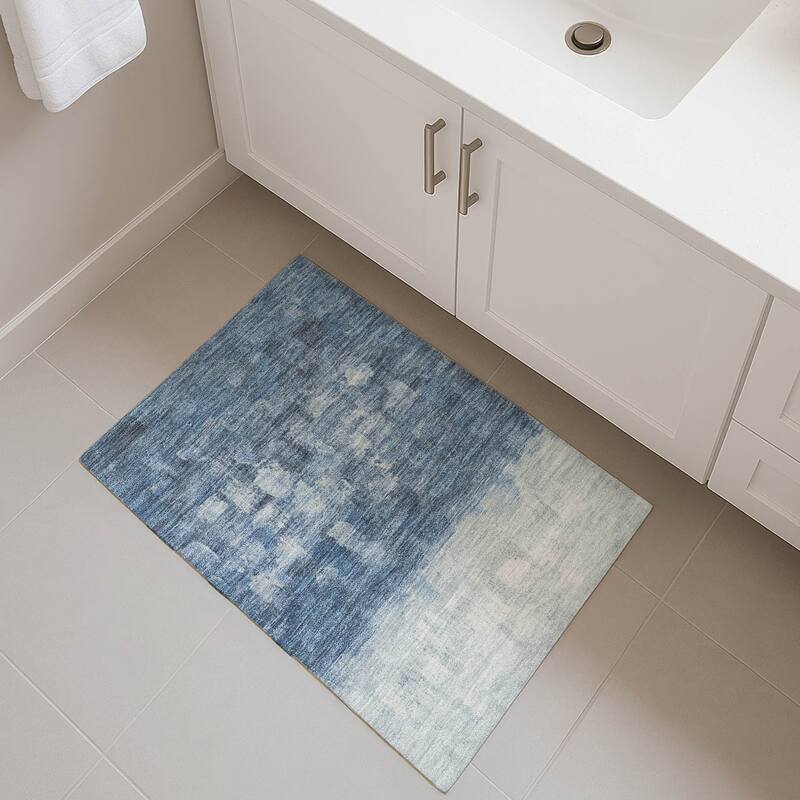 Premium Washable Super Soft Ombre Brushstrokes Mayfield Rug - Navy - 1'8" x 2'6"