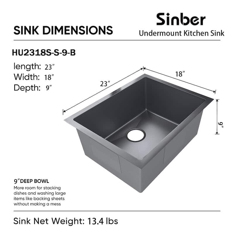 Sinber Undermount Single Bowl 304 Stainless Steel Kitchen Sink