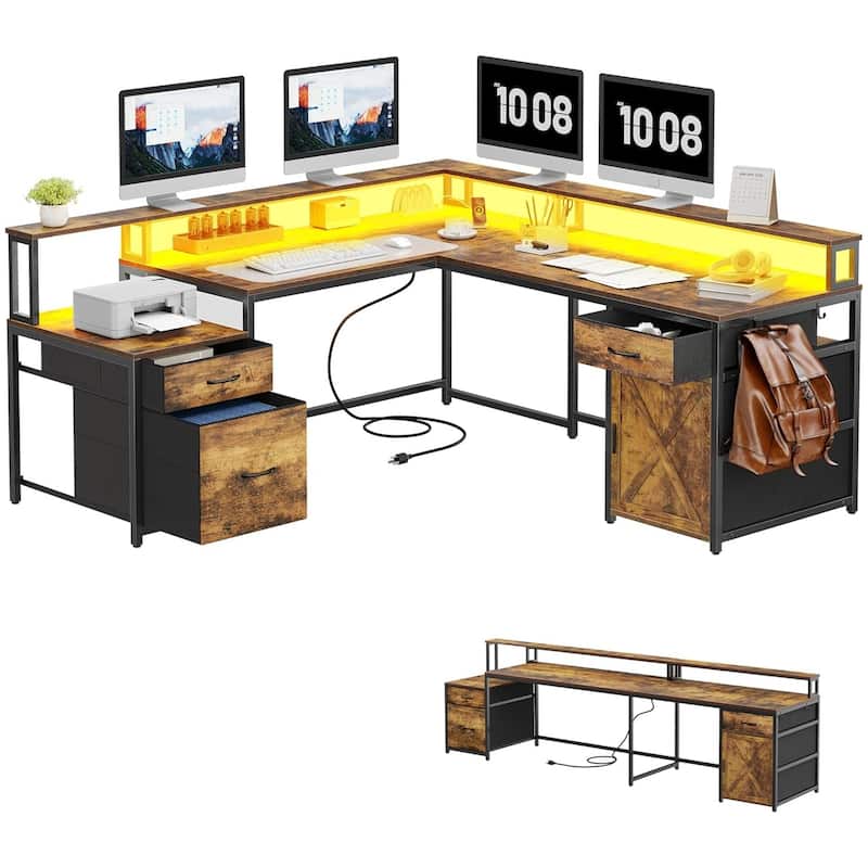 Moasis 63" Corner L Shaped LED Computer Desk with Drawers & Power Outlets - Brown
