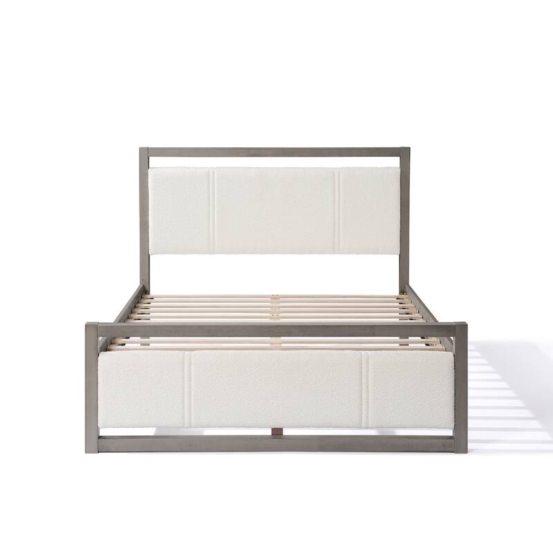 Queen/King Size Platform Bed, Solid Wood Bed Frame with Ivory Boucle Upholstered Headboard and Footboard, Wooden Slats Support - Grey+Ivory - Queen