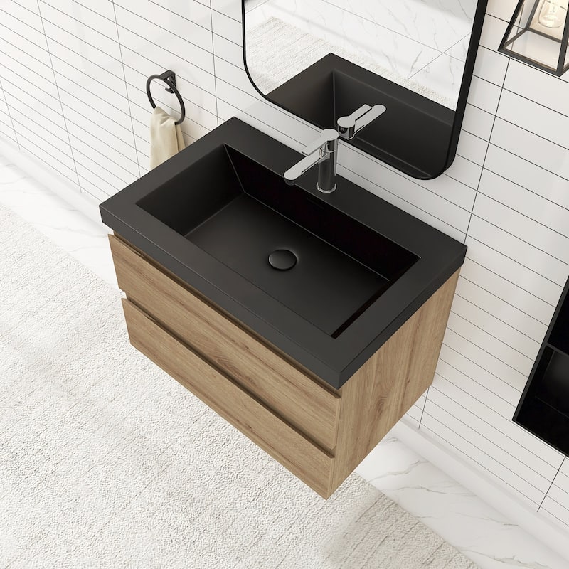 24/30/36 inch Wall-Mounted Bathroom Vanity Set in F. Oak with Integrated Black Resin Sink