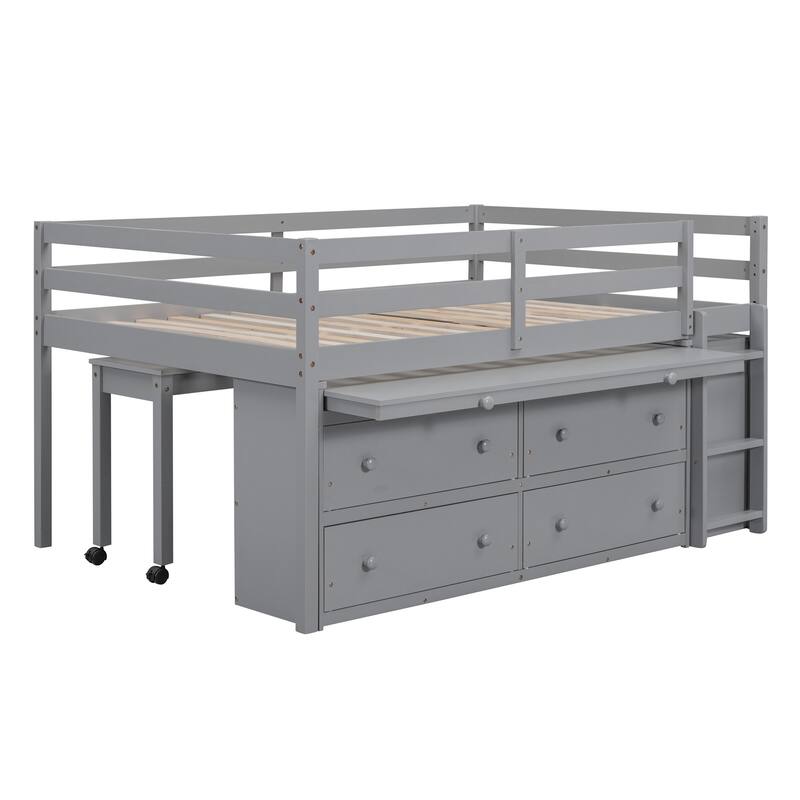 Solid Wood Loft Bed with Retractable Desk and Drawers